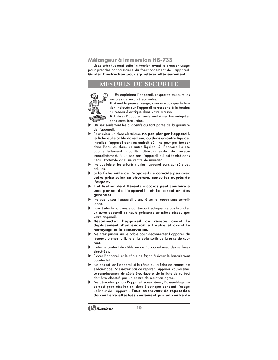 Mesures de securite, Mélangeur à immersion hb-733 | Binatone HB-733 User Manual | Page 10 / 30