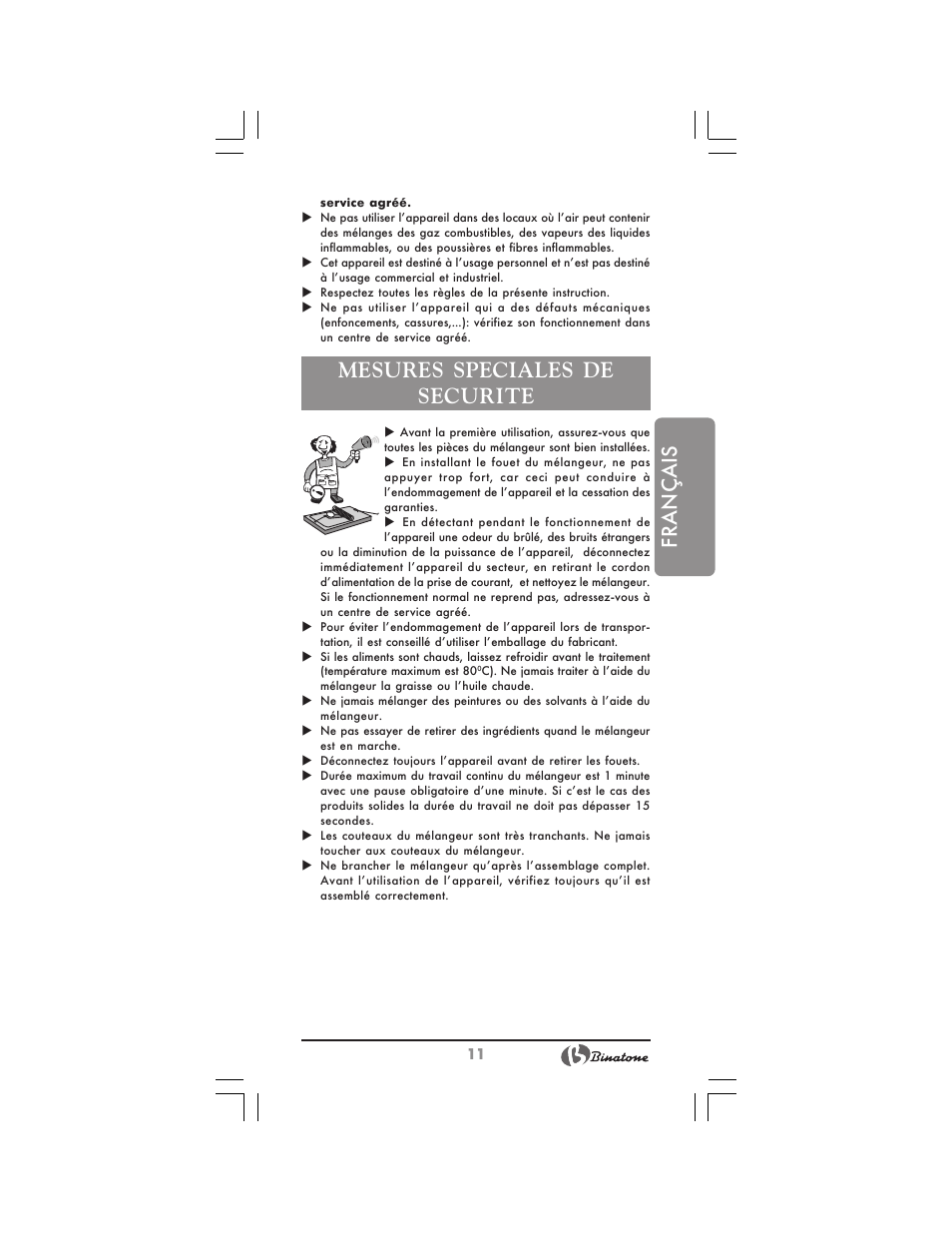 Français, Mesures speciales de securite | Binatone HB-733 User Manual | Page 11 / 30
