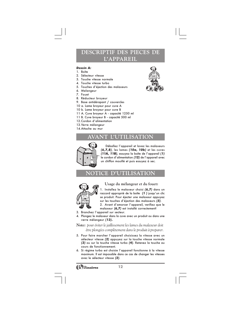 Descriptif des pieces de l’appareil, Avant l’utilisation, Notice d’utilisation | Binatone HB-733 User Manual | Page 12 / 30