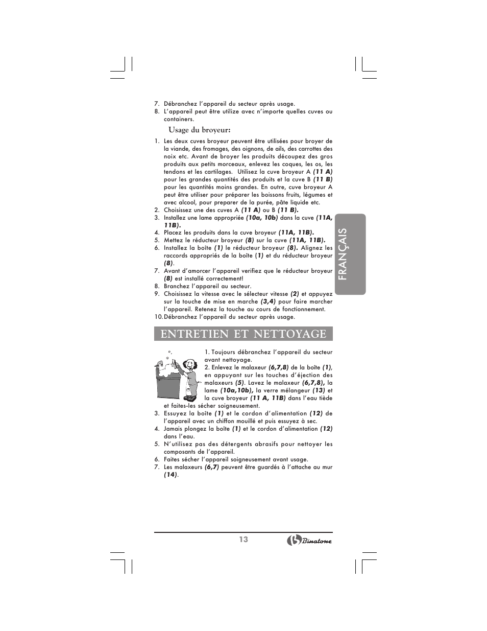 Français, Entretien et nettoyage | Binatone HB-733 User Manual | Page 13 / 30