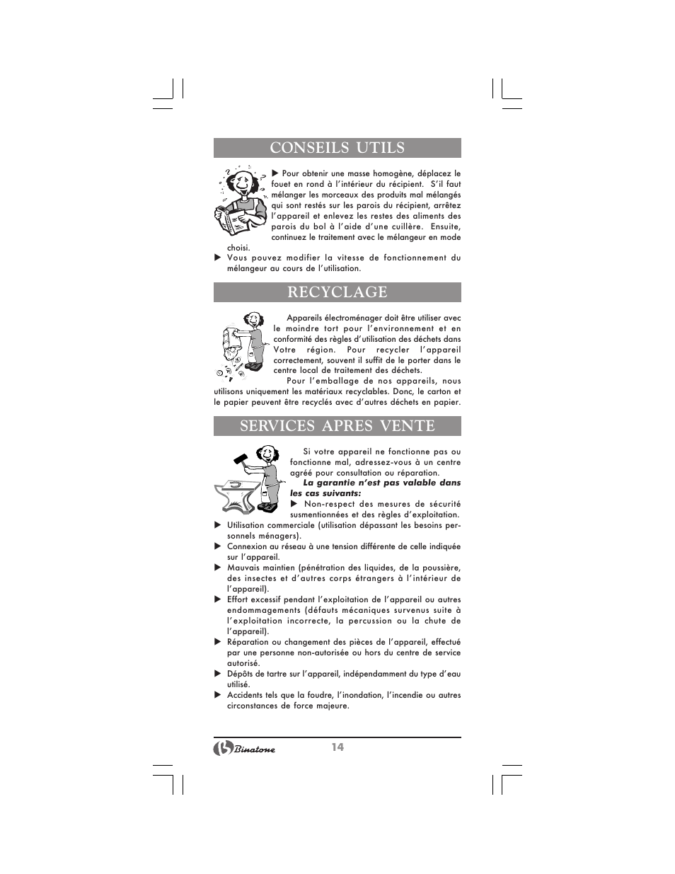 Conseils utils, Recyclage, Services apres vente | Binatone HB-733 User Manual | Page 14 / 30