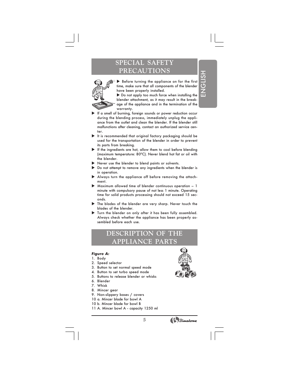 English special safety precautions, Description of the appliance parts | Binatone HB-733 User Manual | Page 5 / 30