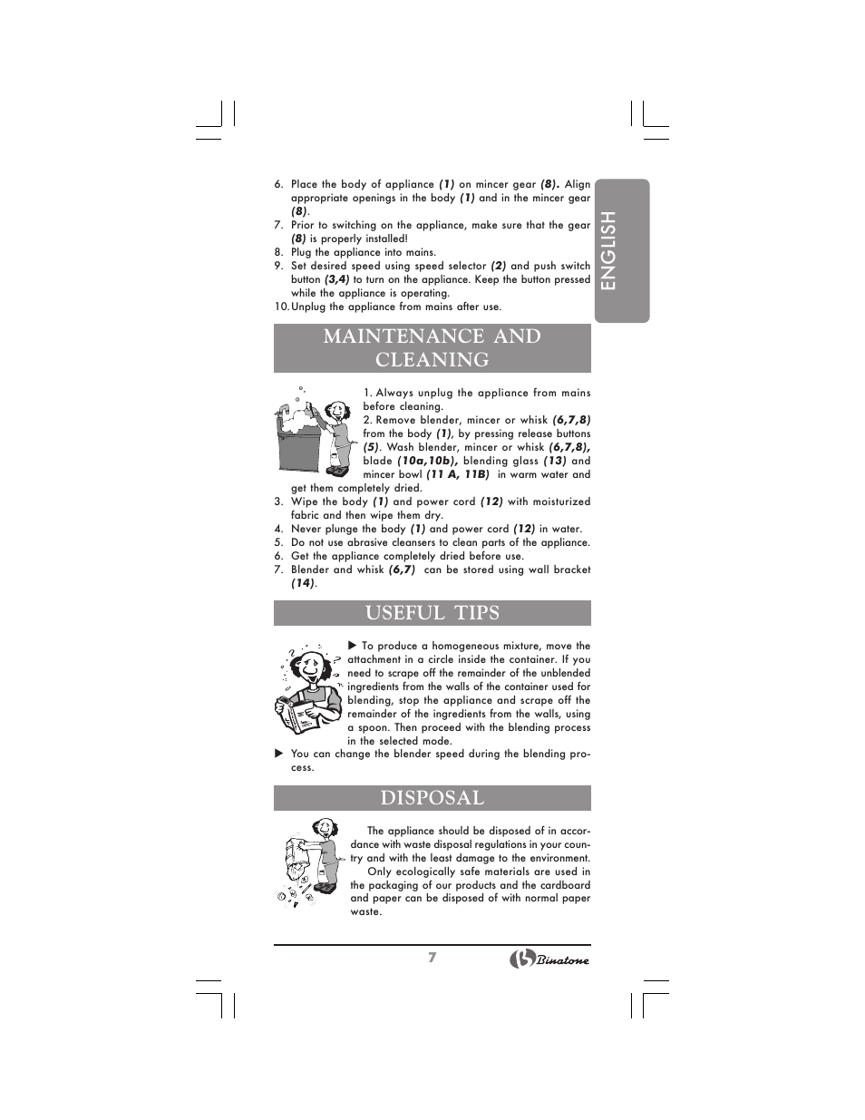 English, Maintenance and cleaning, Useful tips | Disposal | Binatone HB-733 User Manual | Page 7 / 30