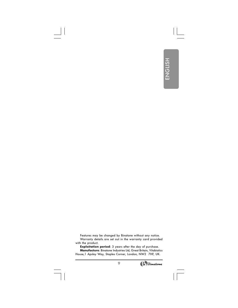 English | Binatone HB-733 User Manual | Page 9 / 30