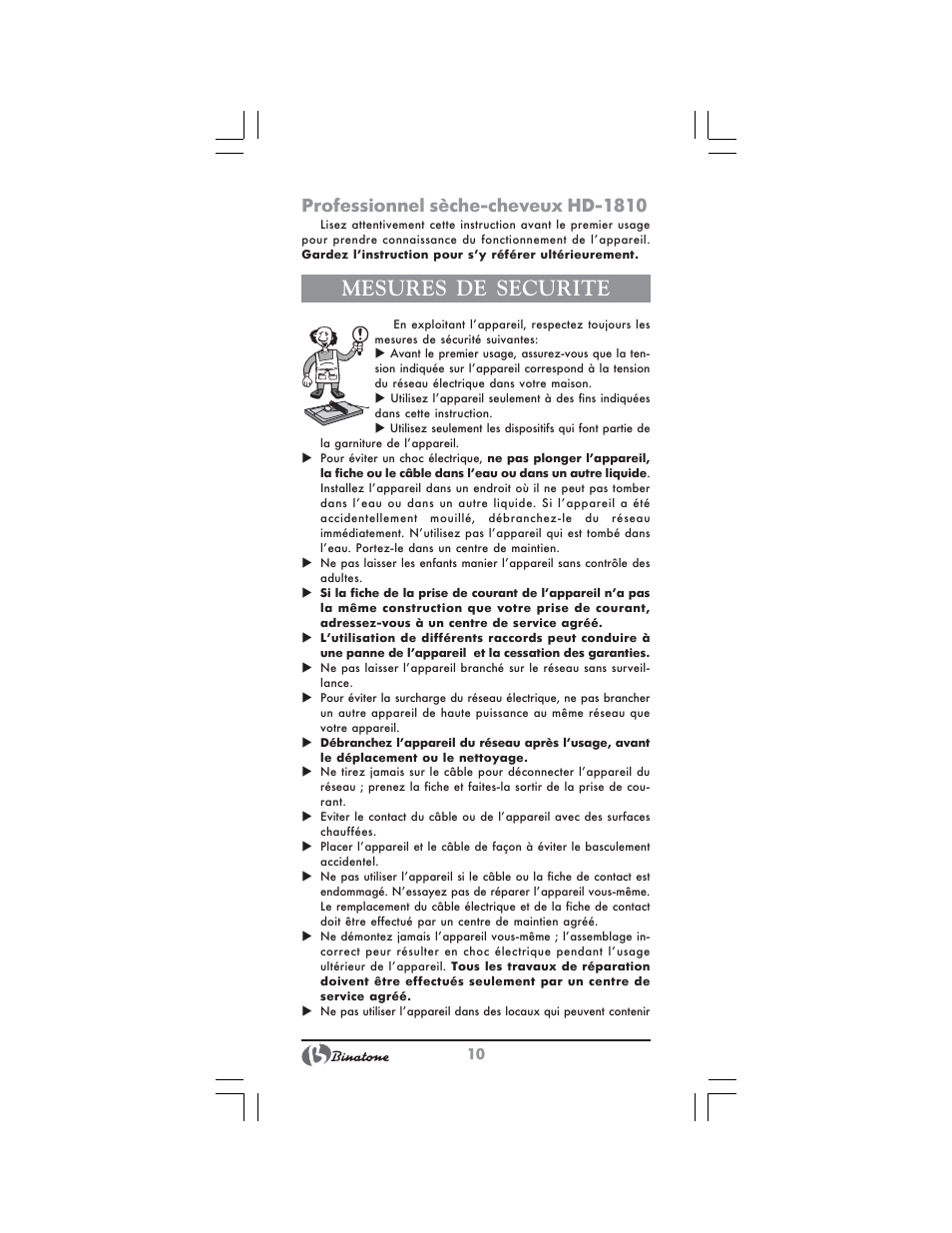 Mesures de securite, Professionnel sèche-cheveux hd-1810 | Binatone HD-1810 User Manual | Page 10 / 28