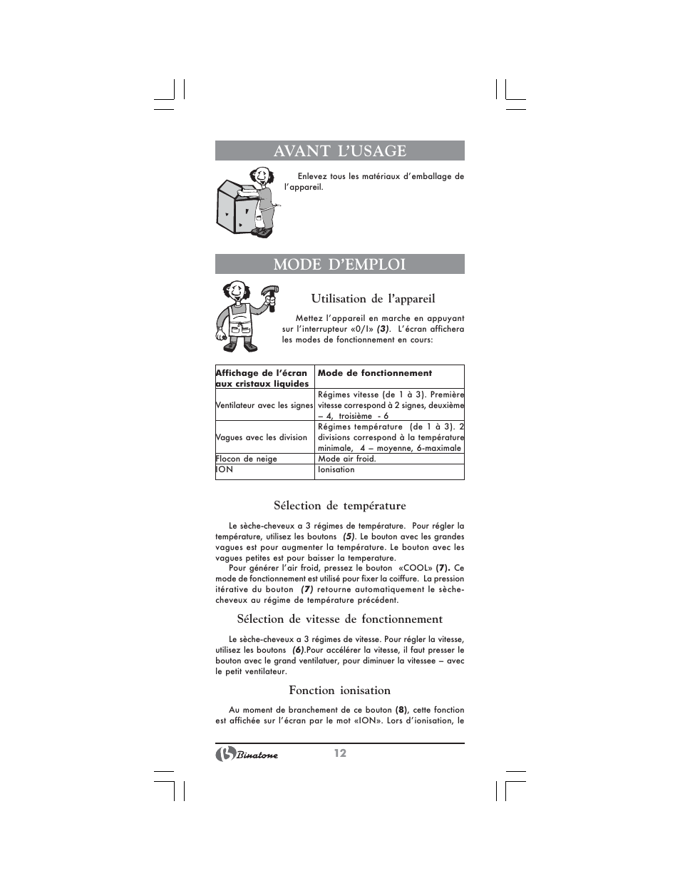 Avant l’usage, Mode d’emploi | Binatone HD-1810 User Manual | Page 12 / 28
