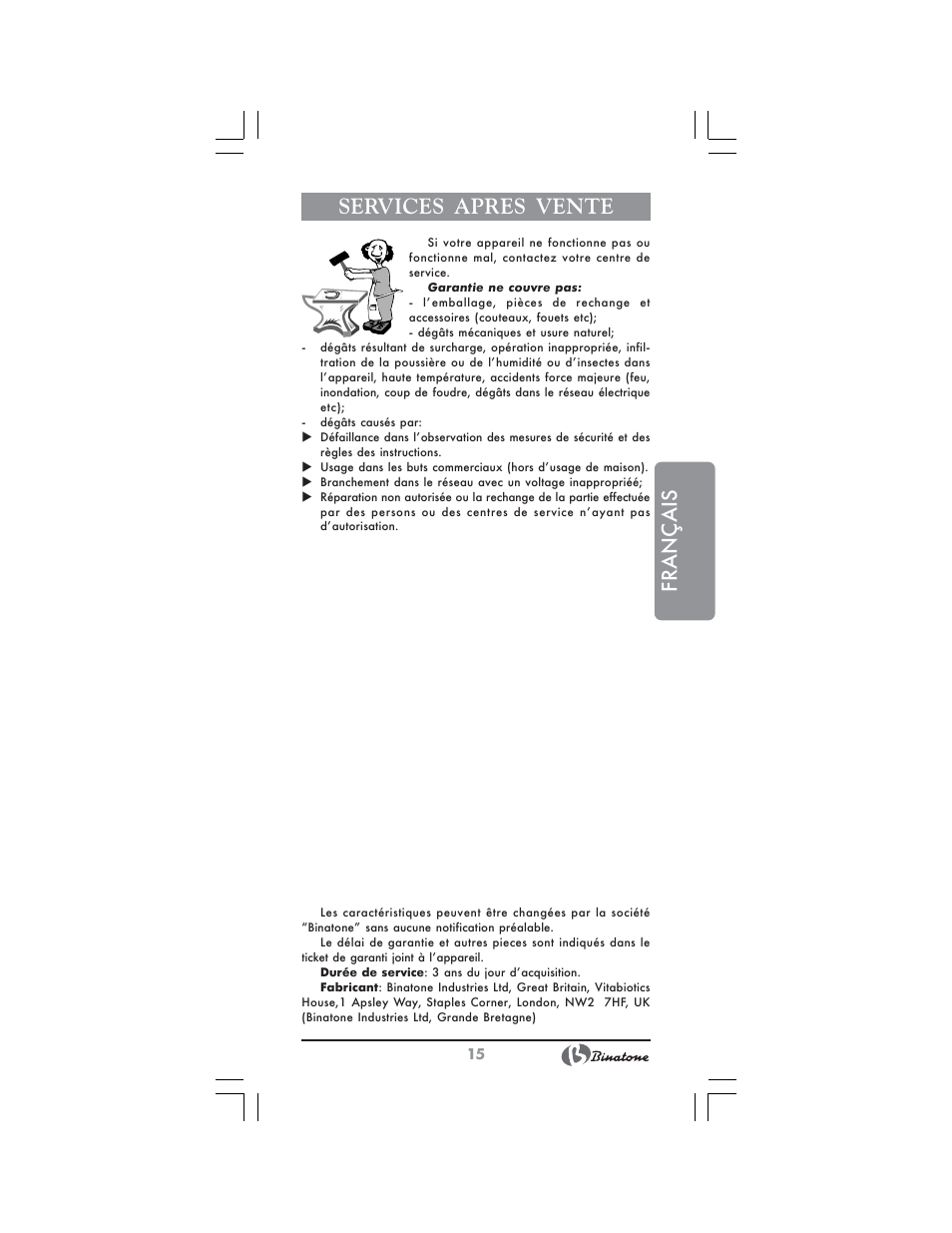 Français, Services apres vente | Binatone HD-1810 User Manual | Page 15 / 28