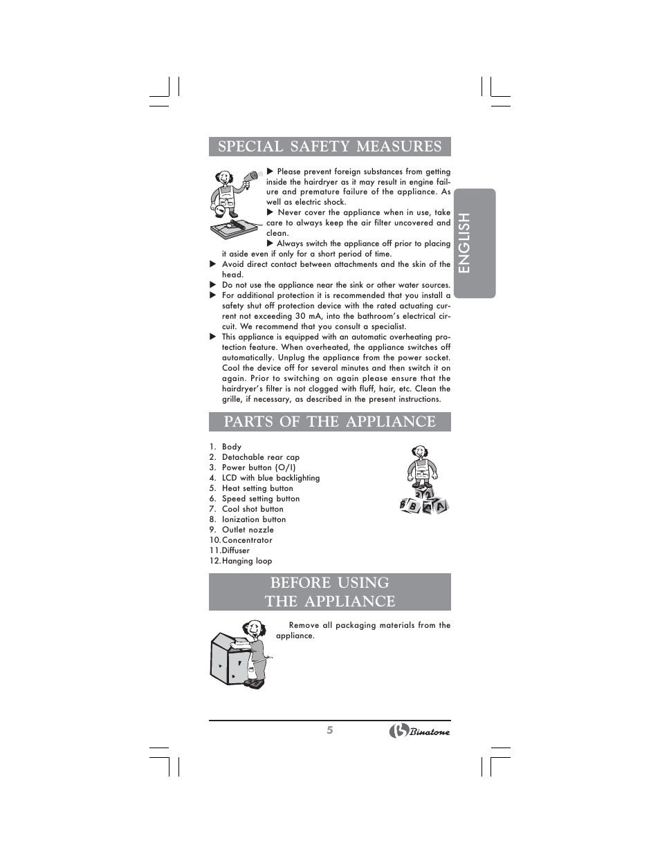 English special safety measures, Parts of the appliance, Before using the appliance | Binatone HD-1810 User Manual | Page 5 / 28