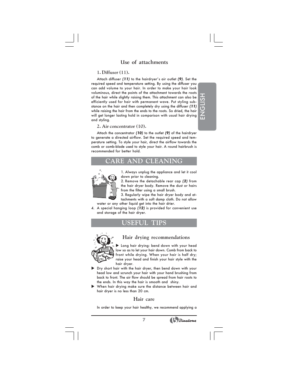 English, Care and cleaning, Useful tips | Binatone HD-1810 User Manual | Page 7 / 28