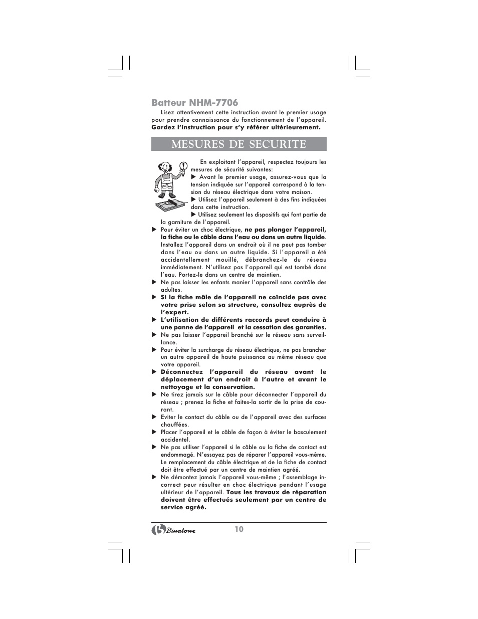 Mesures de securite, Batteur nhm 7706 | Binatone NHM-7706 User Manual | Page 10 / 28
