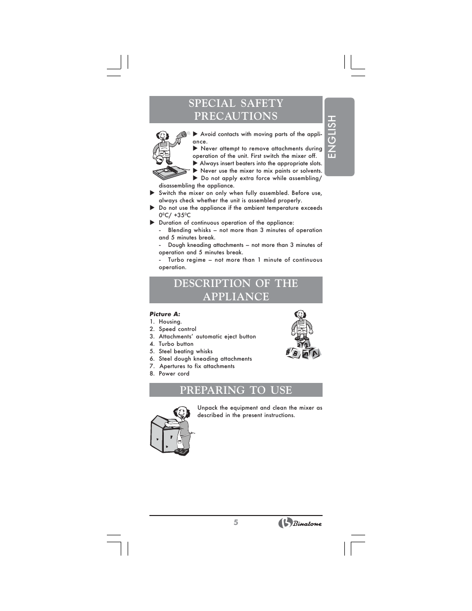 English special safety precautions, Description of the appliance, Preparing to use | Operating | Binatone NHM-7706 User Manual | Page 5 / 28