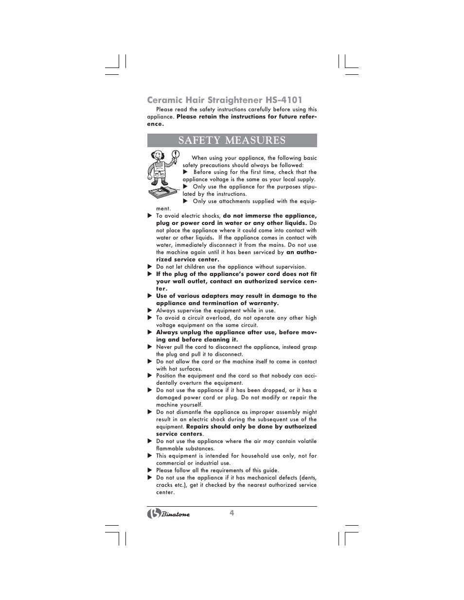 Safety measures, Ceramic hair straightener hs-4101 | Binatone HS-4101 User Manual | Page 4 / 26