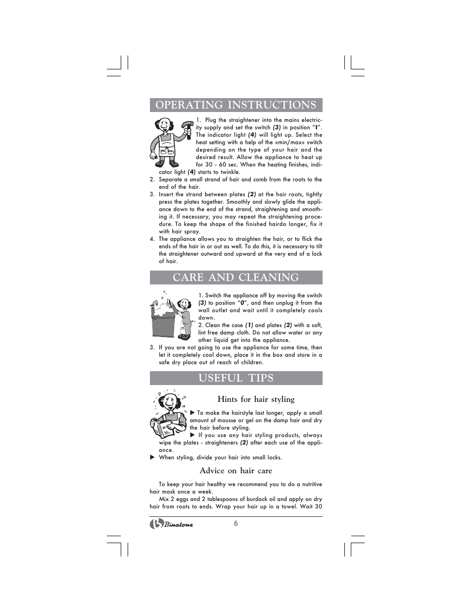 Operating instructions, Care and cleaning, Useful tips | Binatone HS-4101 User Manual | Page 6 / 26