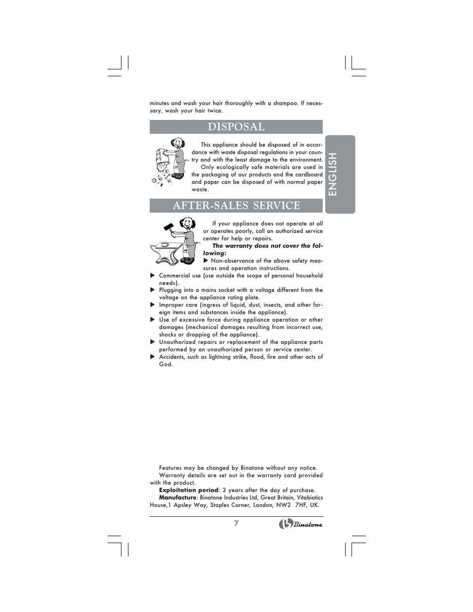 English, Disposal, After-sales service | Binatone HS-4101 User Manual | Page 7 / 26