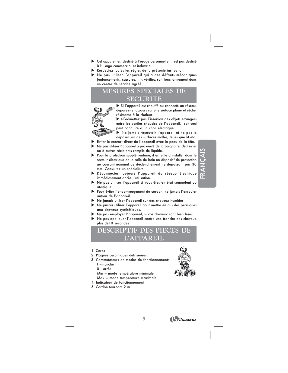 Français, Mesures speciales de securite, Descriptif des pieces de l’appareil | Binatone HS-4101 User Manual | Page 9 / 26