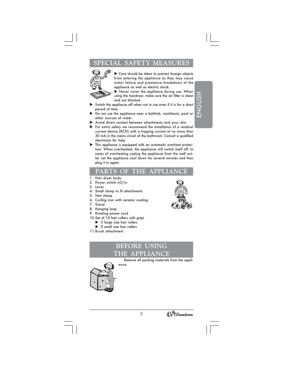 English special safety measures, Parts of the appliance, Before using the appliance | Binatone HAS-451 User Manual | Page 5 / 28