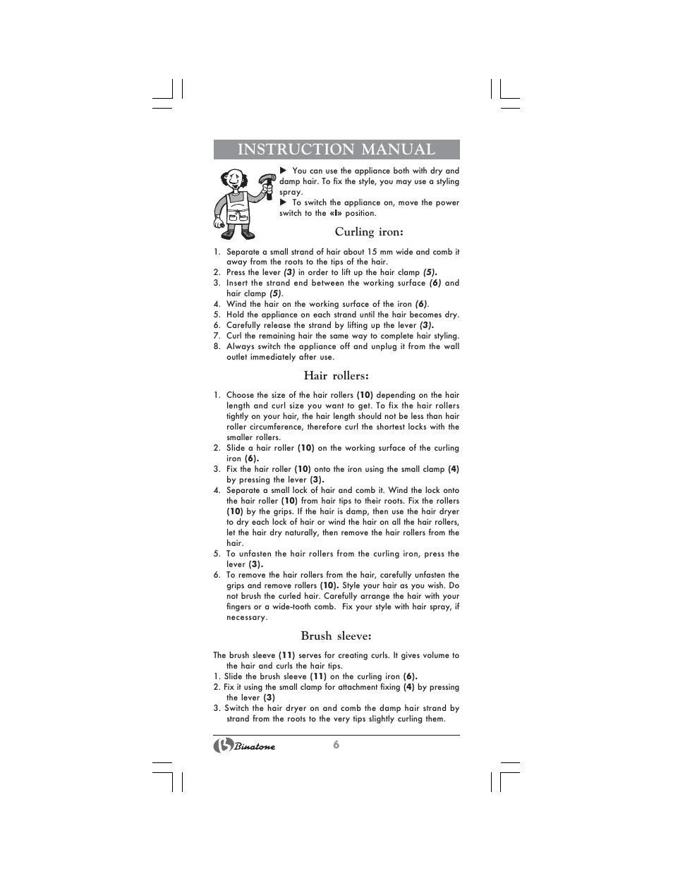 Instruction manual, Curling iron, Hair rollers | Brush sleeve | Binatone HAS-451 User Manual | Page 6 / 28