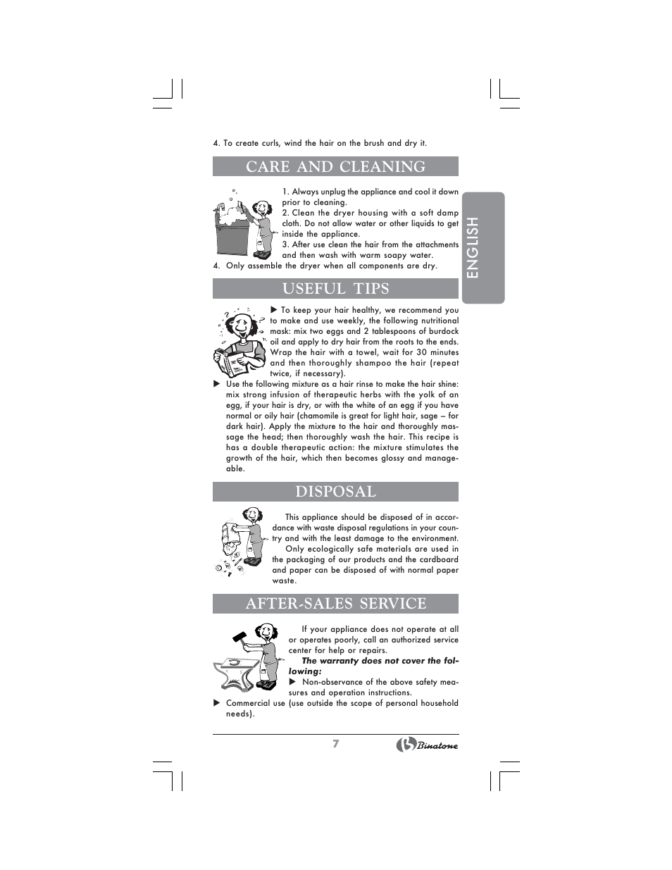 English, Care and cleaning, Useful tips | Disposal, After-sales service | Binatone HAS-451 User Manual | Page 7 / 28
