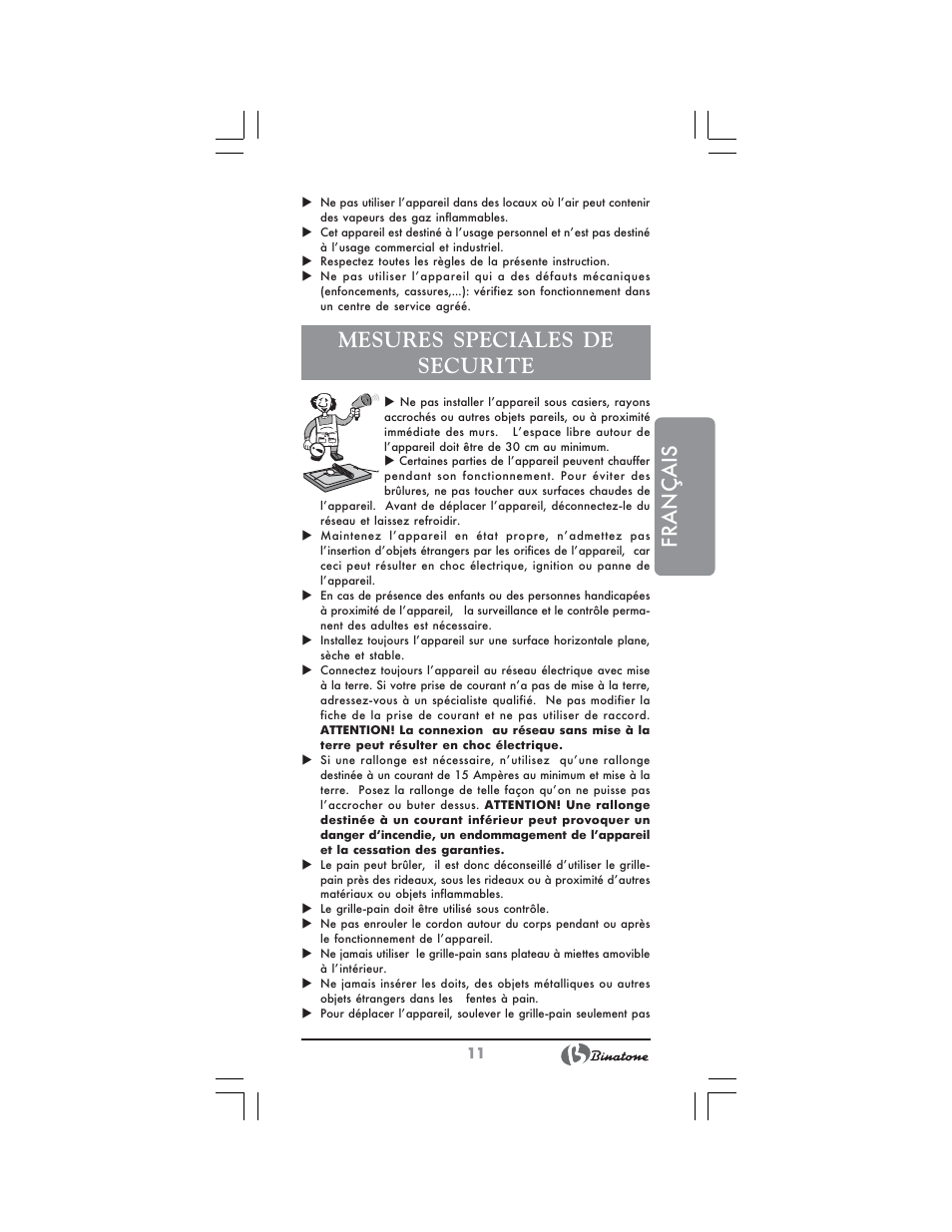 Français, Mesures speciales de securite | Binatone NT-7702 User Manual | Page 11 / 28