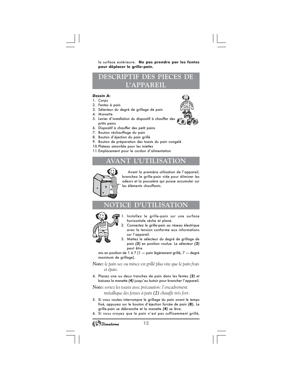 Descriptif des pieces de l’appareil, Avant l’utilisation, Notice d’utilisation | Binatone NT-7702 User Manual | Page 12 / 28