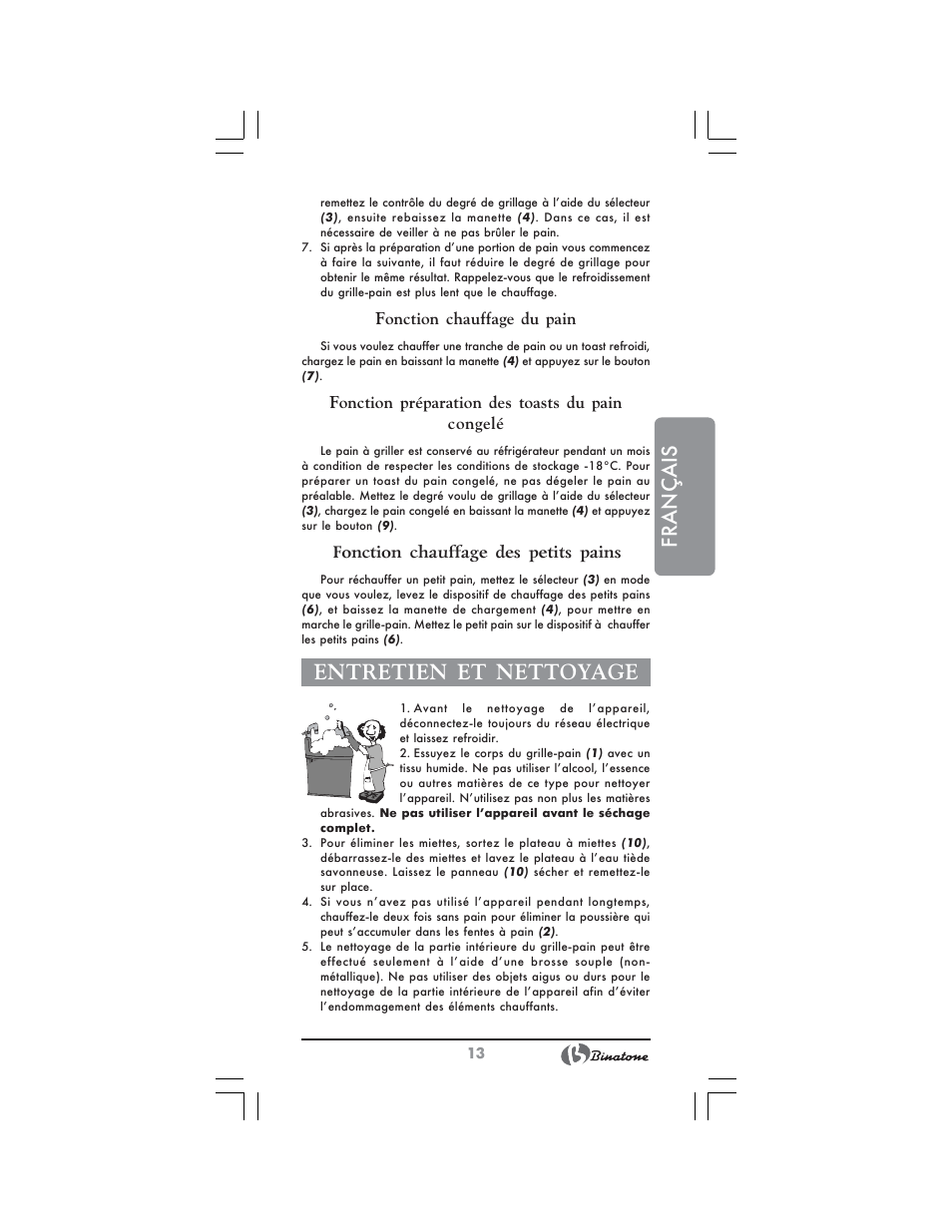 Français, Entretien et nettoyage | Binatone NT-7702 User Manual | Page 13 / 28