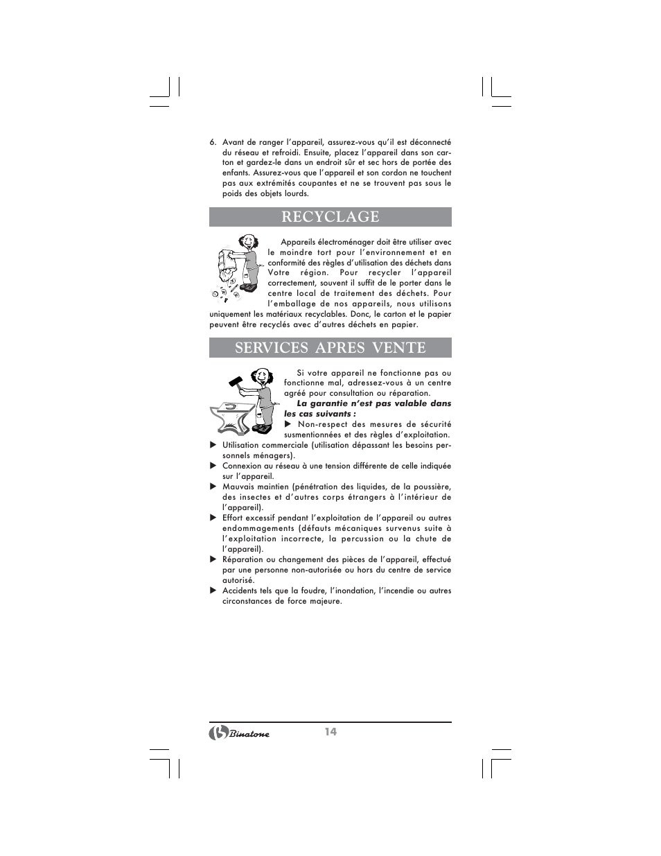 Recyclage, Services apres vente | Binatone NT-7702 User Manual | Page 14 / 28