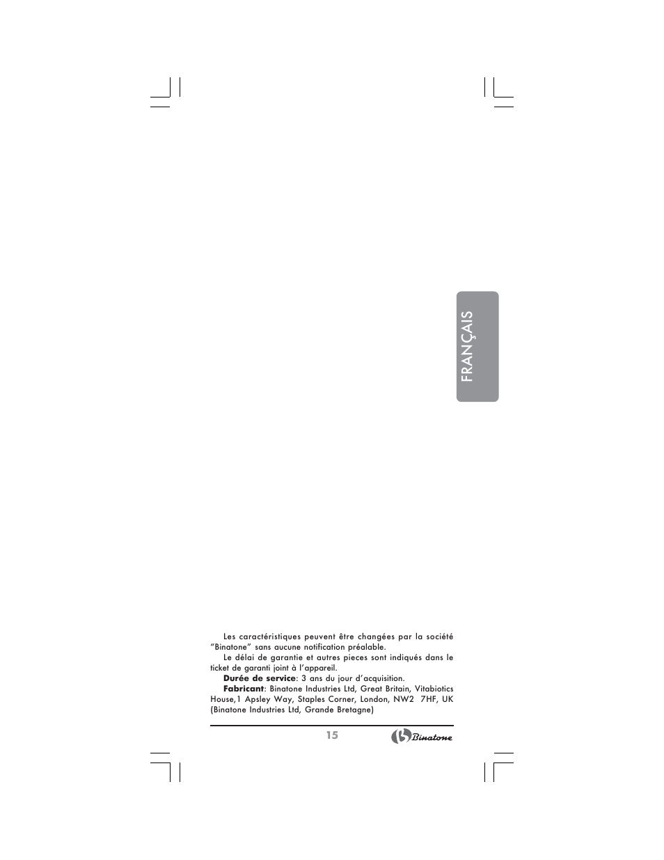 Français | Binatone NT-7702 User Manual | Page 15 / 28