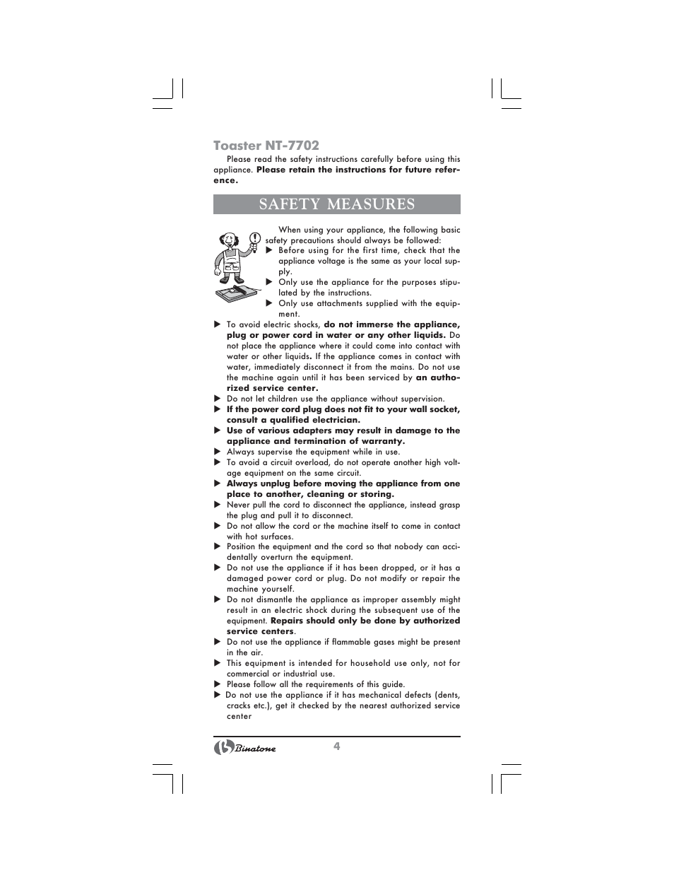 Safety measures, Toaster nt-7702 | Binatone NT-7702 User Manual | Page 4 / 28