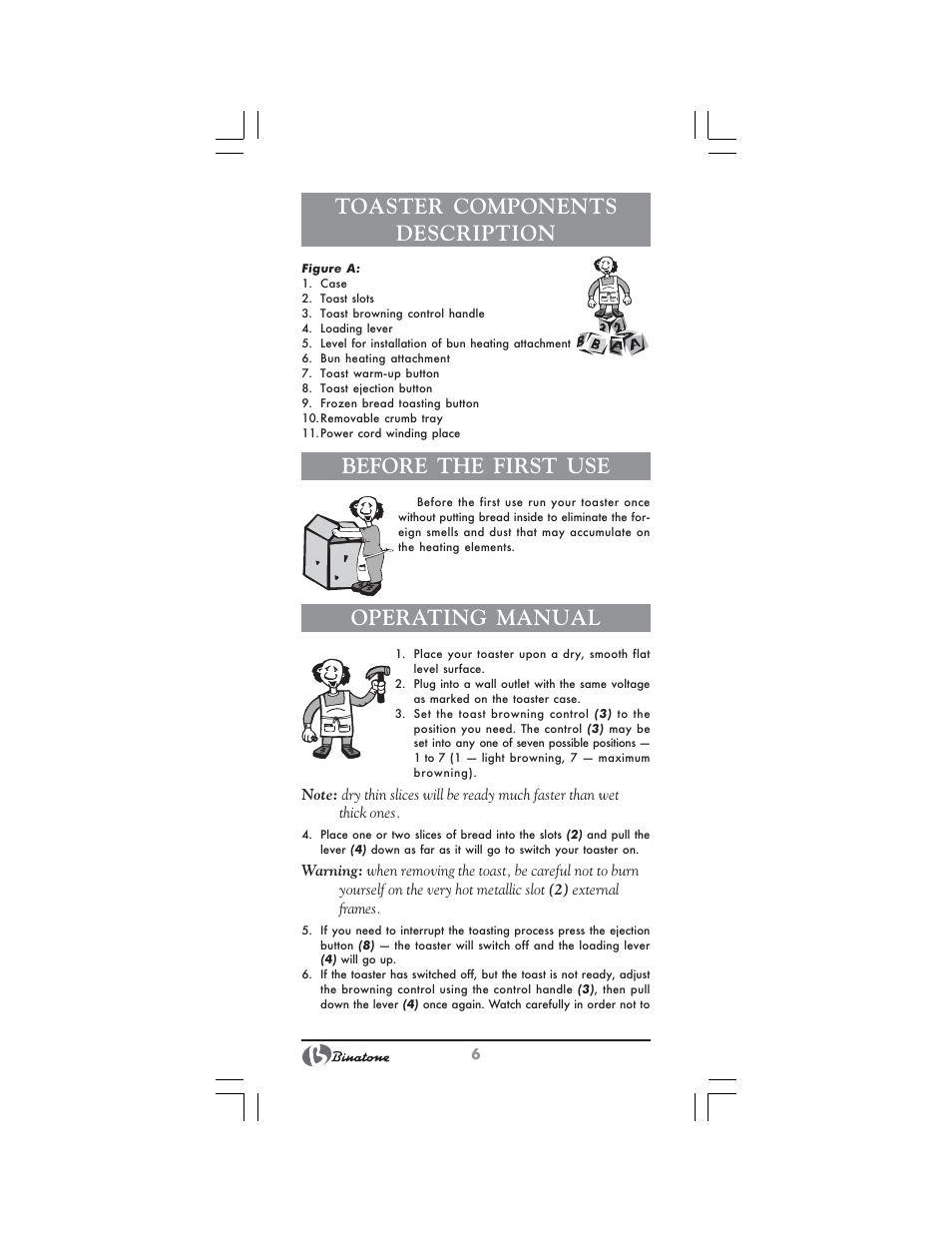 Toaster components description, Before the first use, Operating manual | Binatone NT-7702 User Manual | Page 6 / 28