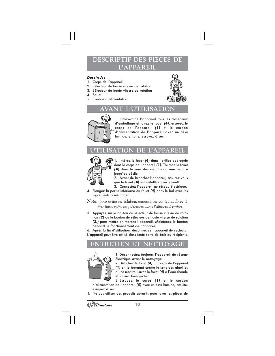Descriptif des pieces de l’appareil, Avant l’utilisation, Utilisation de l’appareil | Entretien et nettoyage | Binatone MRHB-8805 User Manual | Page 10 / 26