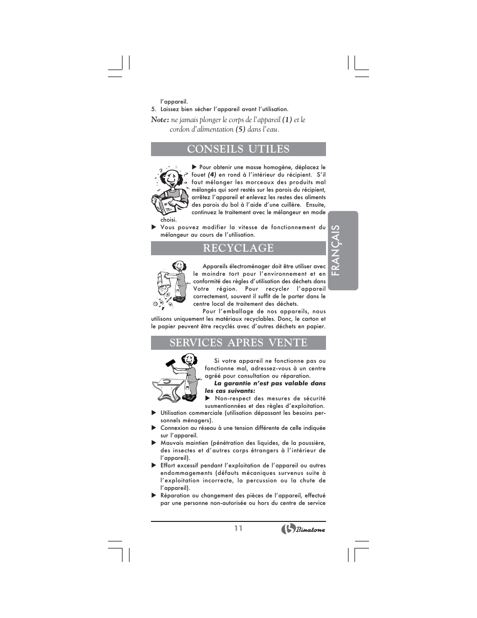 Français, Conseils utiles, Recyclage | Services apres vente | Binatone MRHB-8805 User Manual | Page 11 / 26
