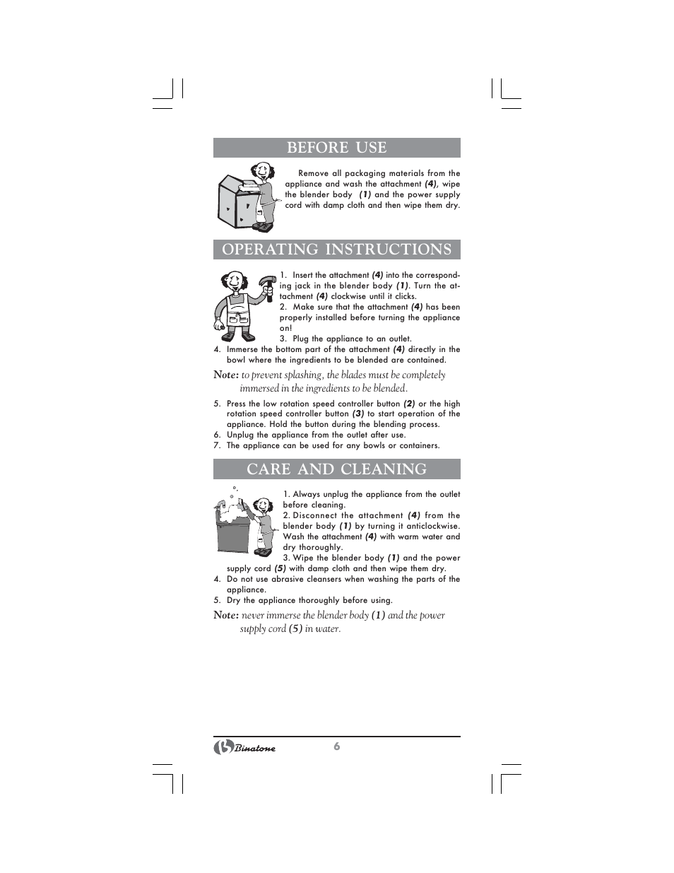Before use, Operating instructions, Care and cleaning | Binatone MRHB-8805 User Manual | Page 6 / 26