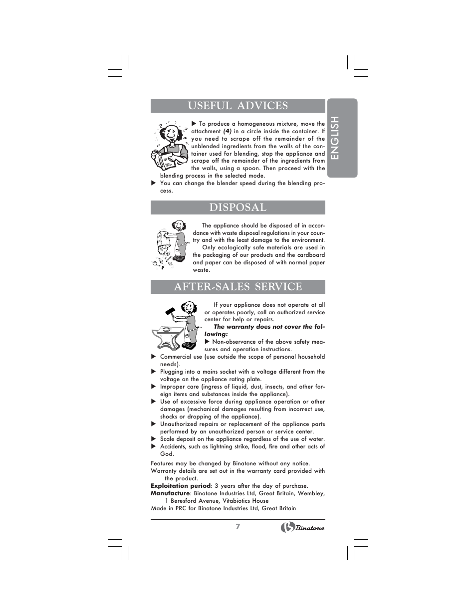 English useful advices, Disposal, After-sales service | Binatone MRHB-8805 User Manual | Page 7 / 26