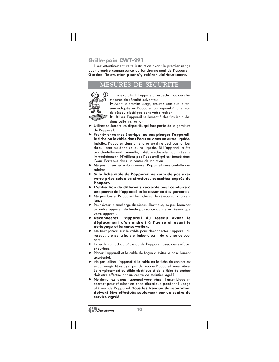 Mesures de securite, Grille-pain cwt-291 | Binatone CWT-291 User Manual | Page 10 / 28