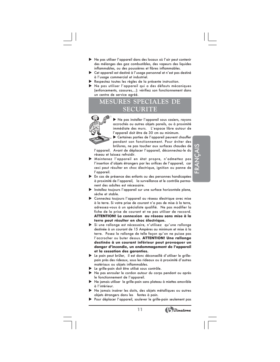 Français, Mesures speciales de securite | Binatone CWT-291 User Manual | Page 11 / 28