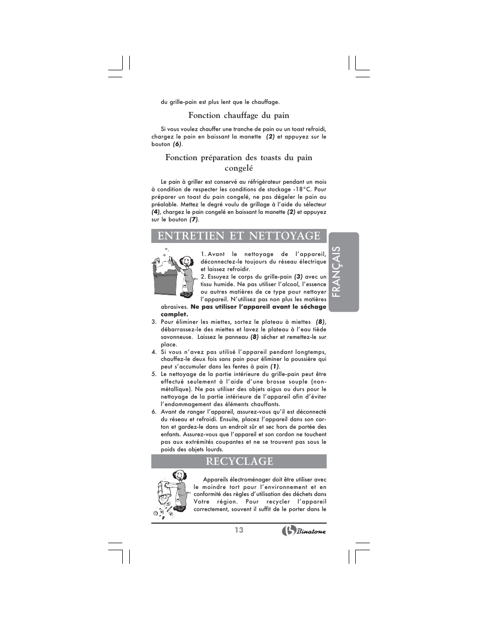 Français, Entretien et nettoyage, Recyclage | Binatone CWT-291 User Manual | Page 13 / 28