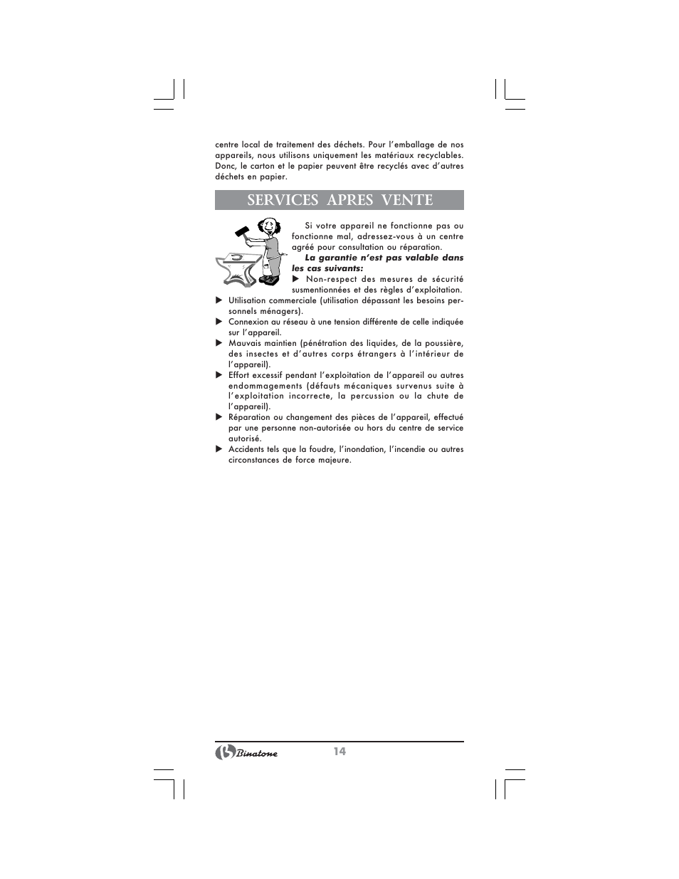 Services apres vente | Binatone CWT-291 User Manual | Page 14 / 28