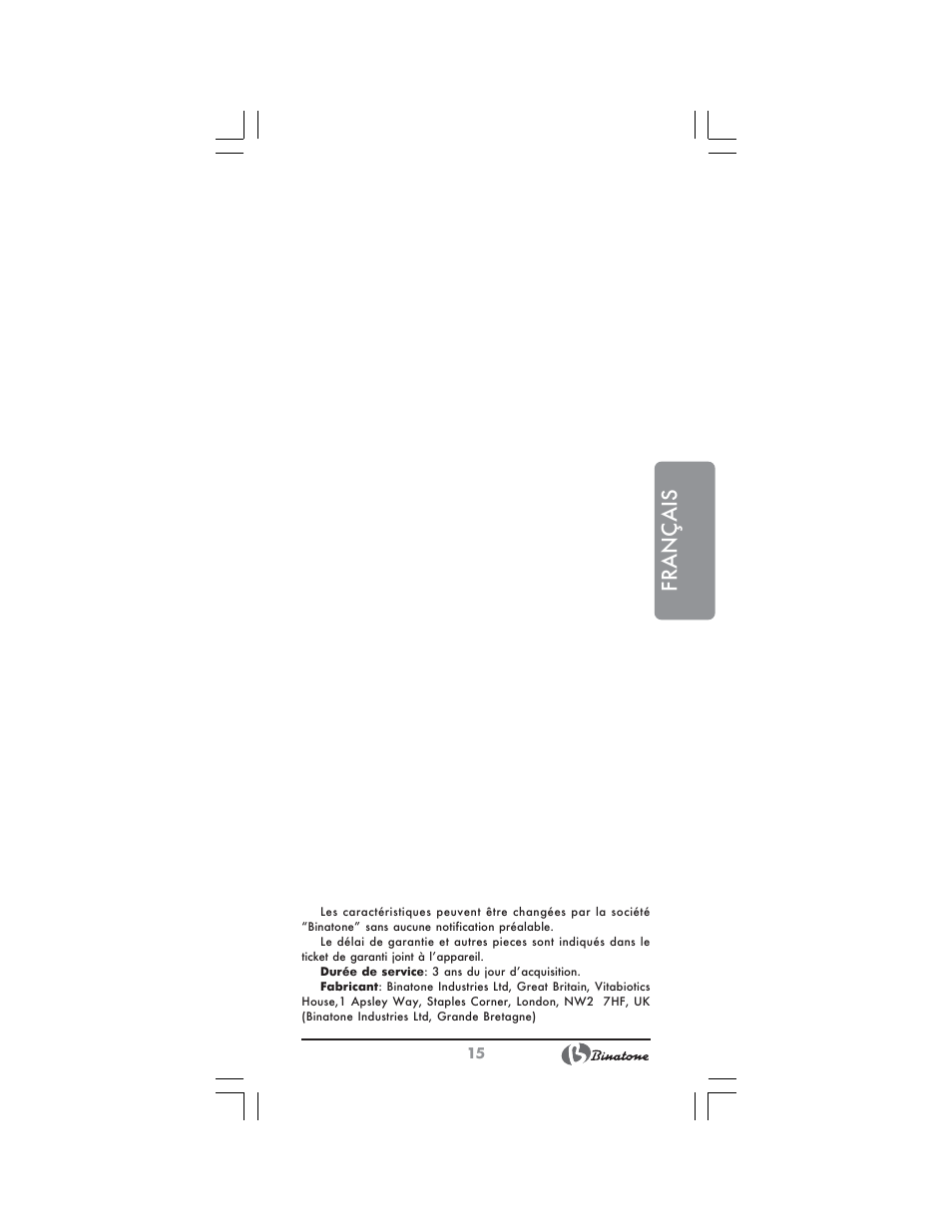 Français | Binatone CWT-291 User Manual | Page 15 / 28