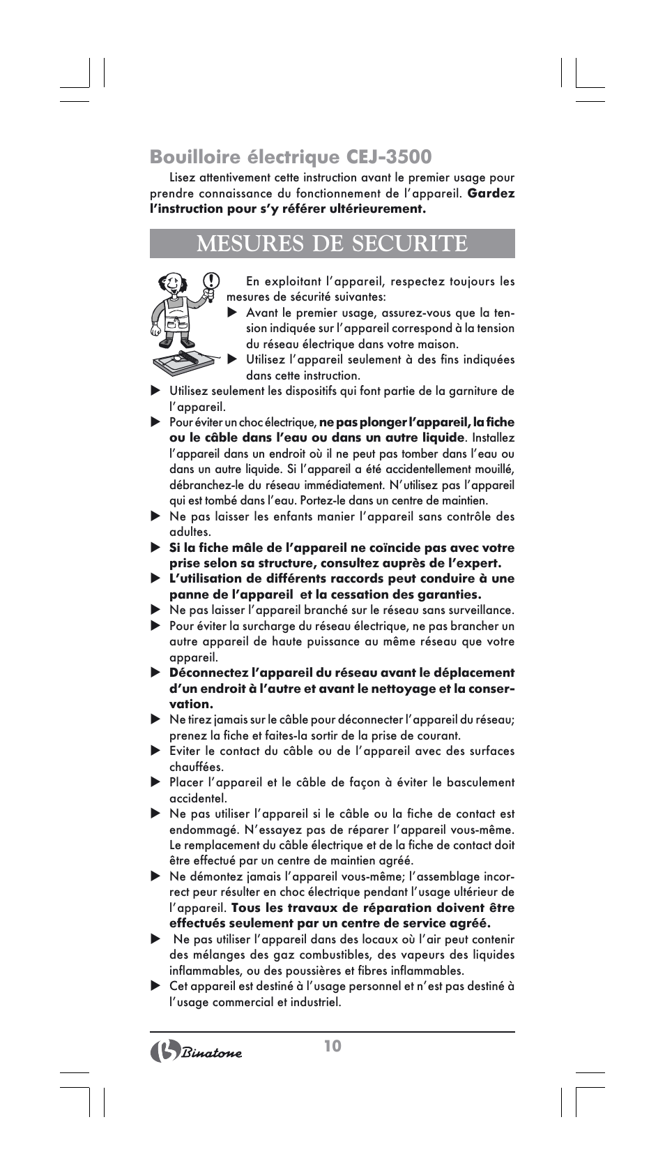 Mesures de securite, Bouilloire électrique cej-3500 | Binatone CEJ-3500 User Manual | Page 10 / 30