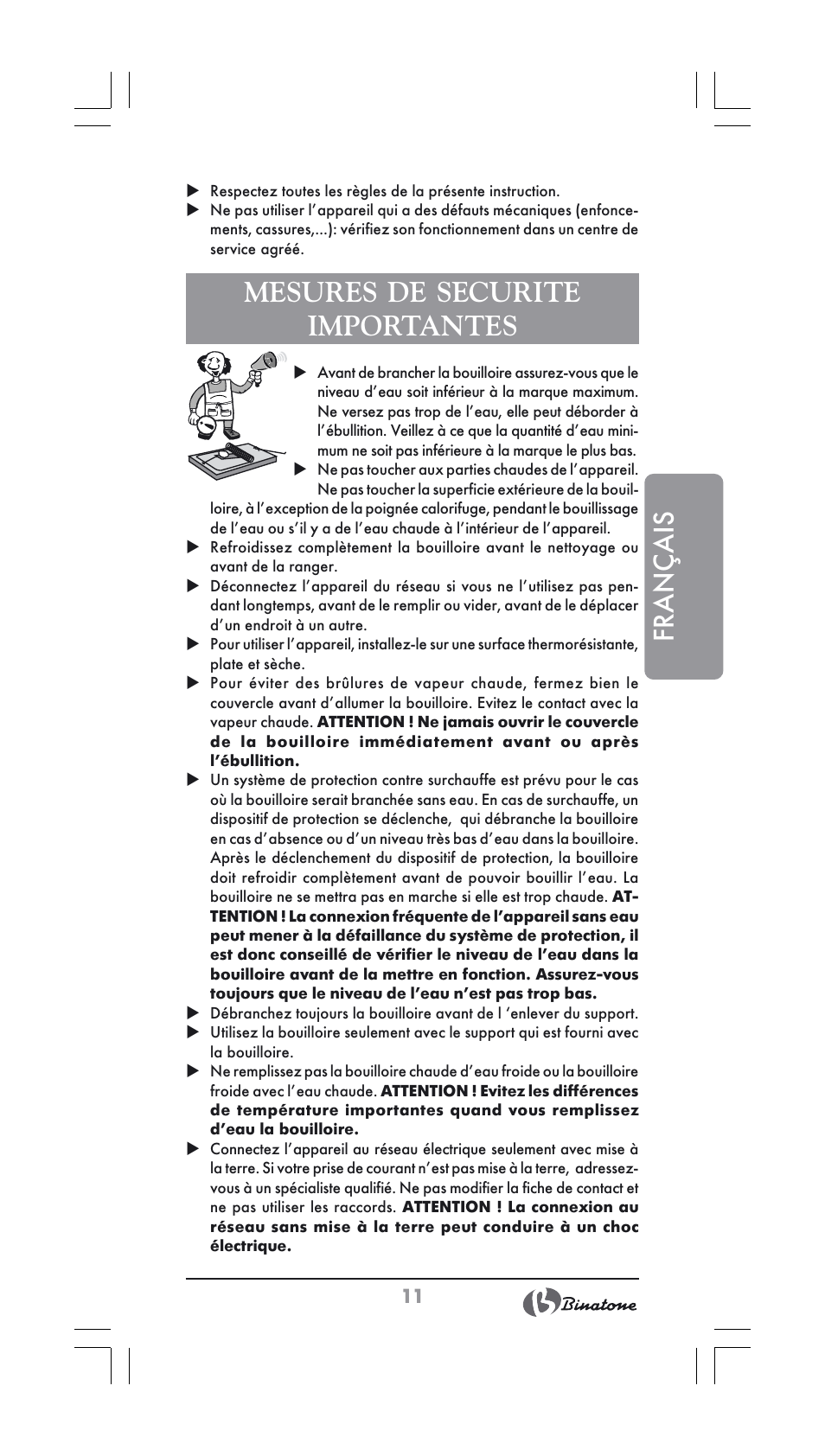 Français, Mesures de securite importantes | Binatone CEJ-3500 User Manual | Page 11 / 30