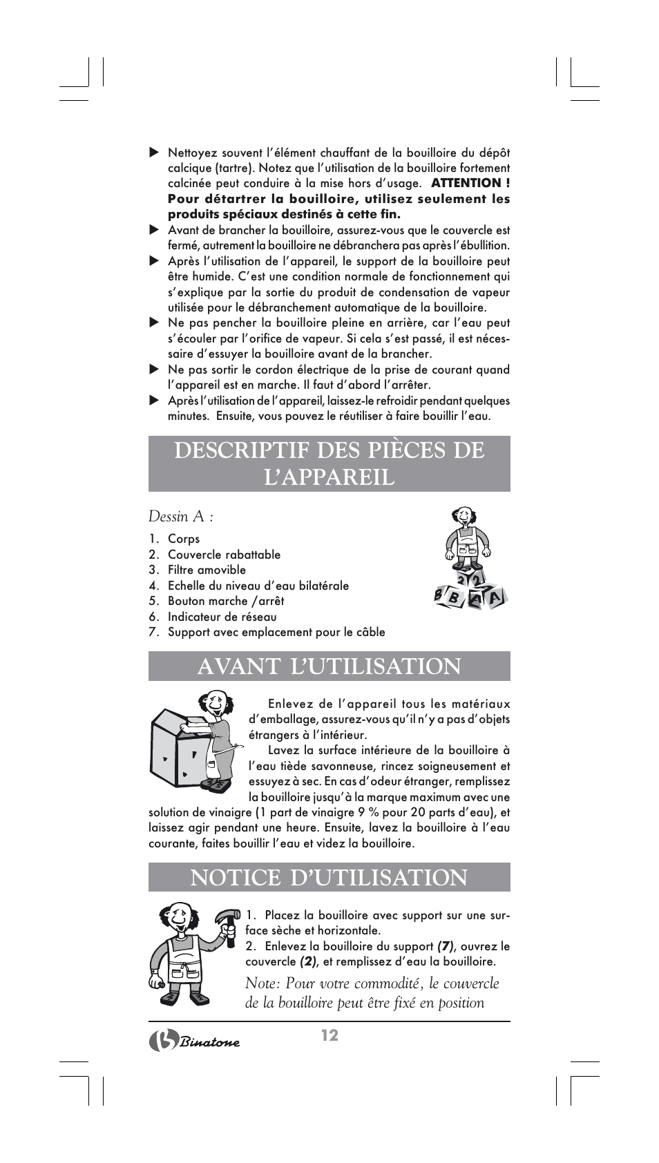 Descriptif des pièces de l’appareil, Avant l’utilisation, Notice d’utilisation | Binatone CEJ-3500 User Manual | Page 12 / 30