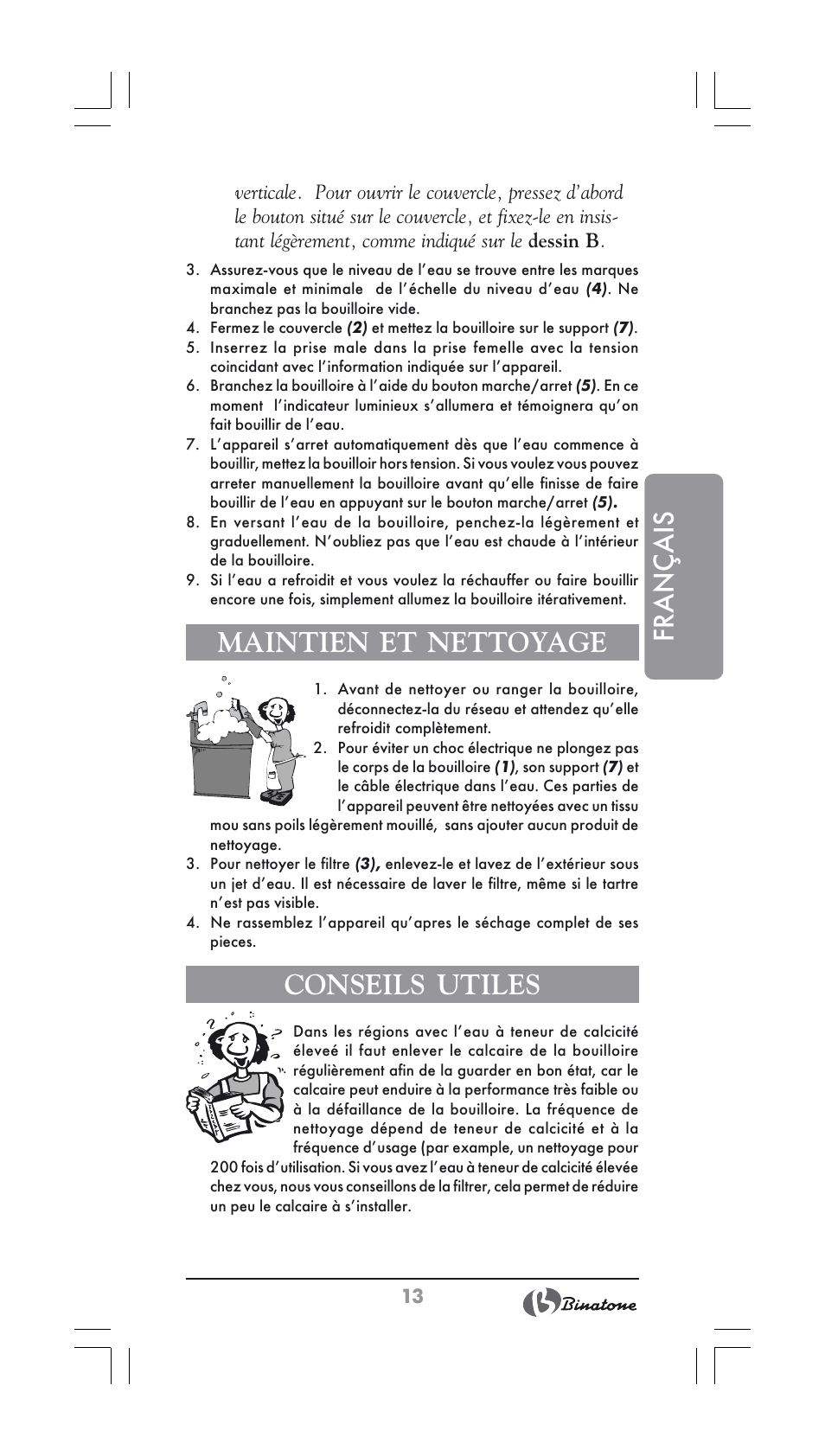 Français, Maintien et nettoyage, Conseils utiles | Binatone CEJ-3500 User Manual | Page 13 / 30