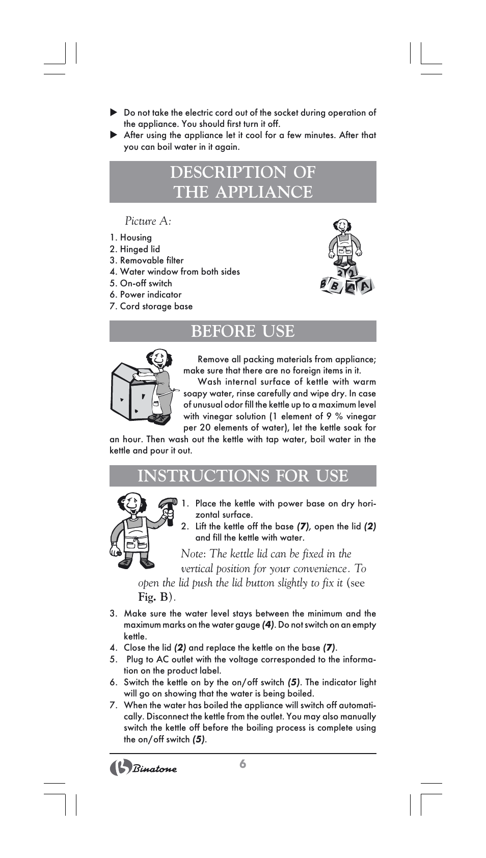 Description of the appliance, Before use, Instructions for use | Binatone CEJ-3500 User Manual | Page 6 / 30