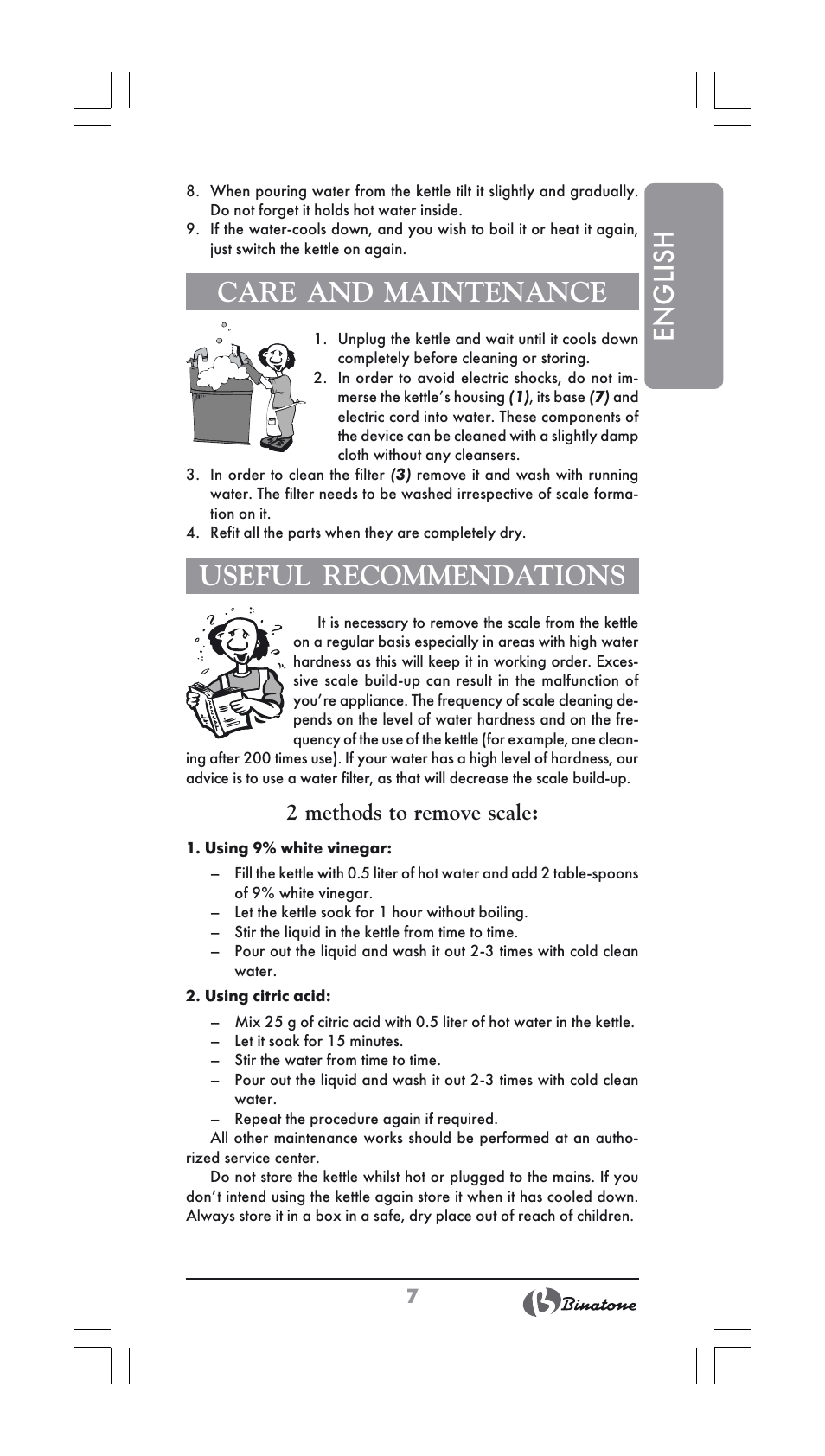 English, Care and maintenance, Useful recommendations | 2 methods to remove scale | Binatone CEJ-3500 User Manual | Page 7 / 30