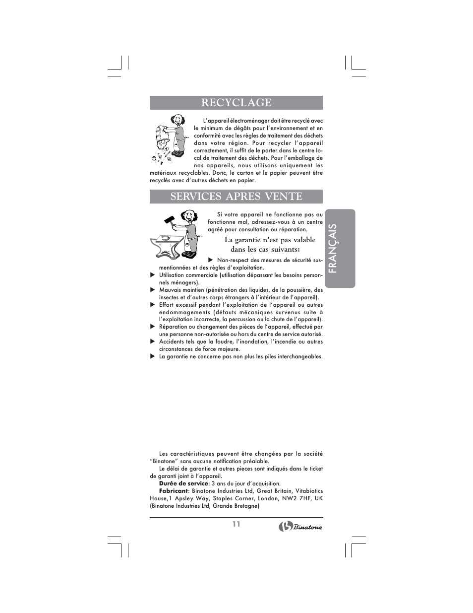 Français, Recyclage, Services apres vente | Binatone BS-8020 User Manual | Page 11 / 22