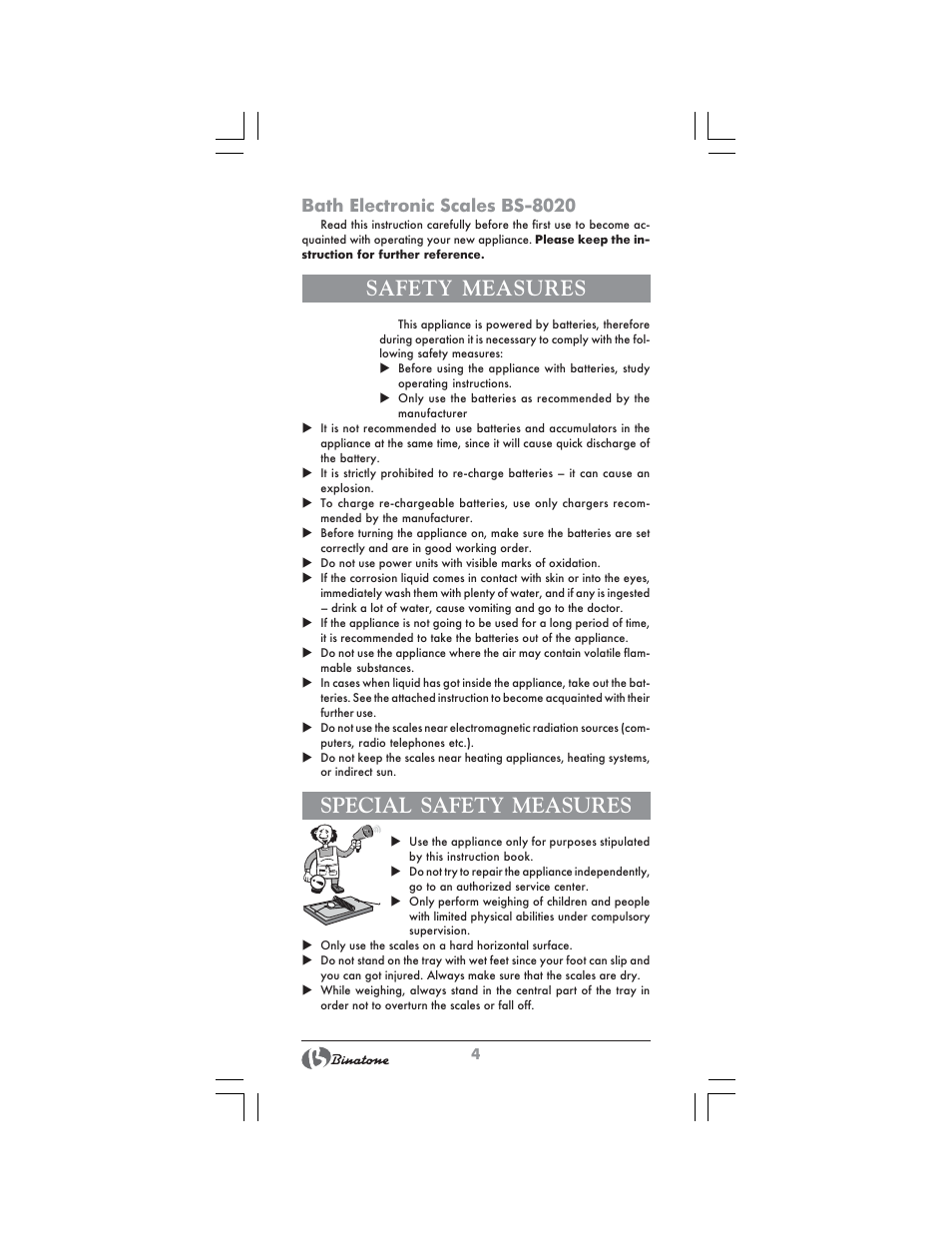 Safety measures, Special safety measures, Bath electronic scales bs-8020 | Binatone BS-8020 User Manual | Page 4 / 22