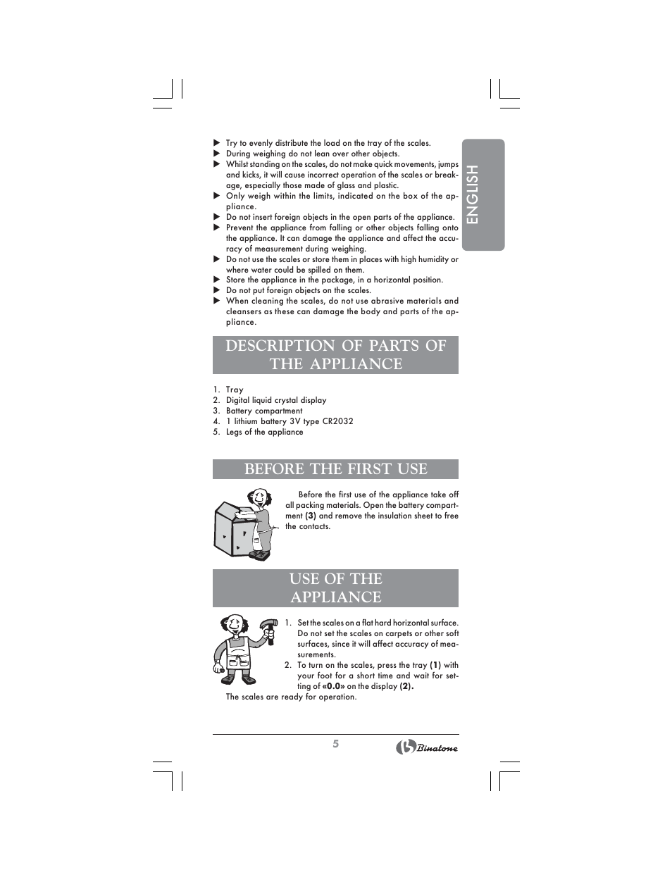 English, Description of parts of the appliance, Use of the appliance | Before the first use | Binatone BS-8020 User Manual | Page 5 / 22