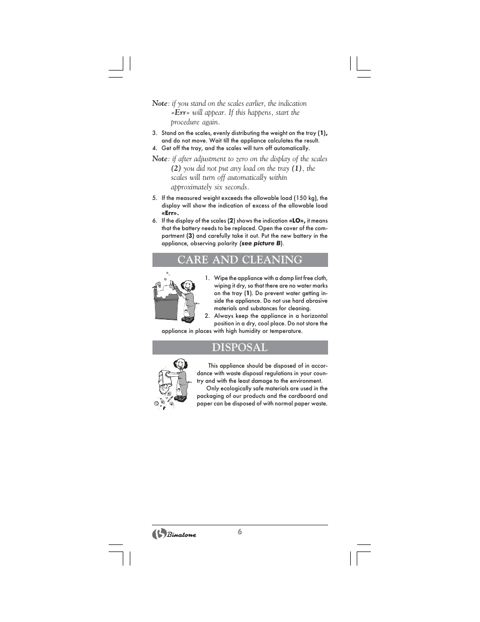 Care and cleaning, Disposal | Binatone BS-8020 User Manual | Page 6 / 22