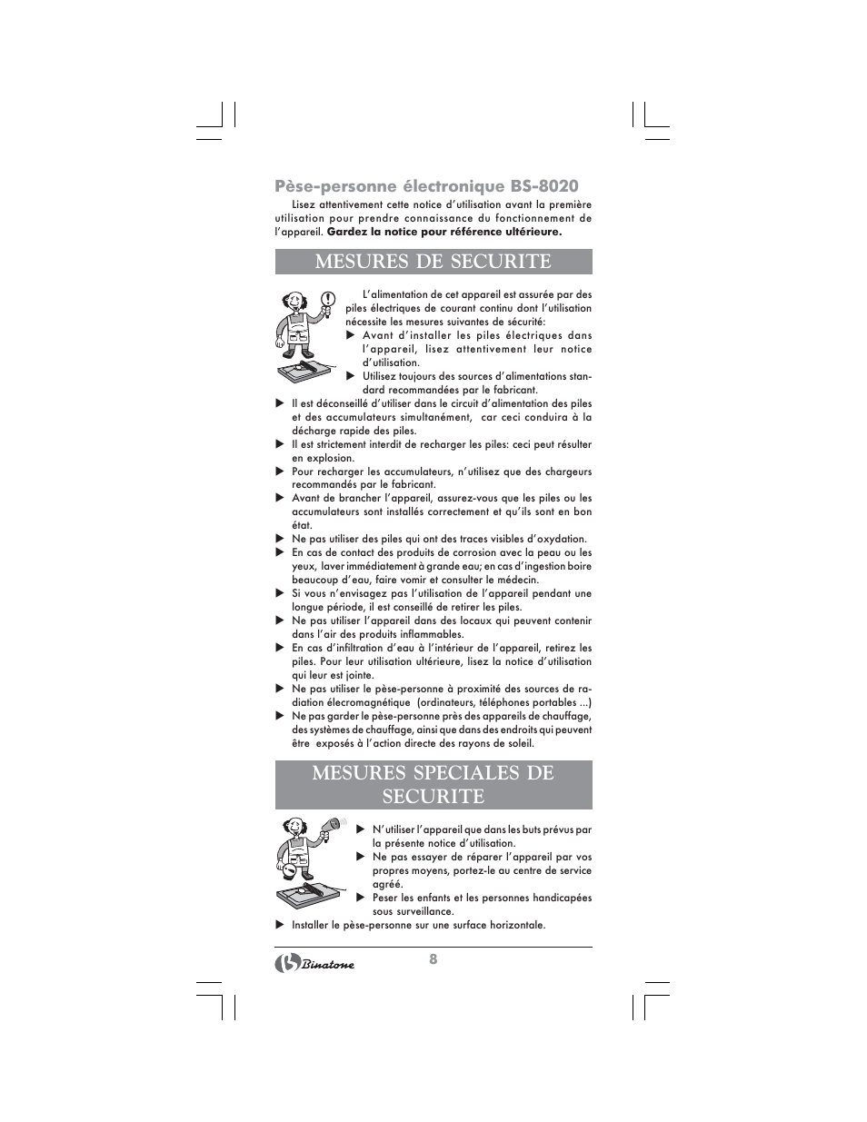 Mesures de securite, Mesures speciales de securite | Binatone BS-8020 User Manual | Page 8 / 22
