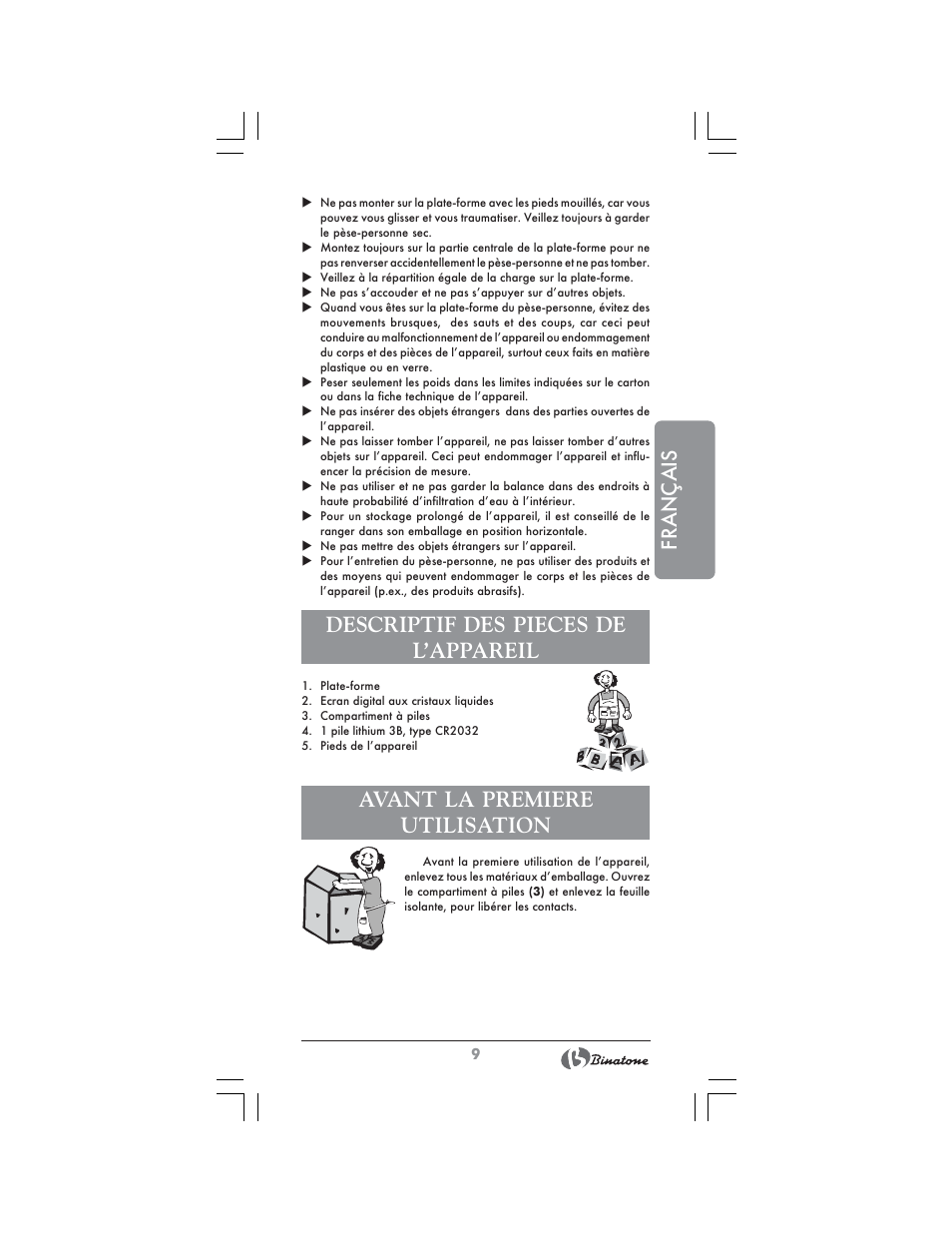Français, Descriptif des pieces de l’appareil, Avant la premiere utilisation | Binatone BS-8020 User Manual | Page 9 / 22